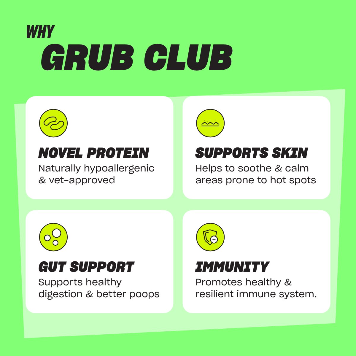 Why Grub Club: novel protein, supports skin, gut support and immunity